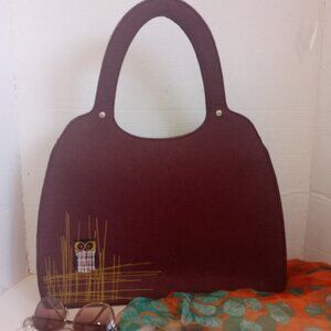 HOYDEN 100% Wool Top Handle Satchel Embroidered Owl Maroon